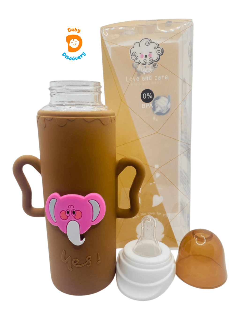 YES Baby Elite Elephant Character Silicone Sleeve 240ml (8oz) Glass Feeder | Baby Discovery