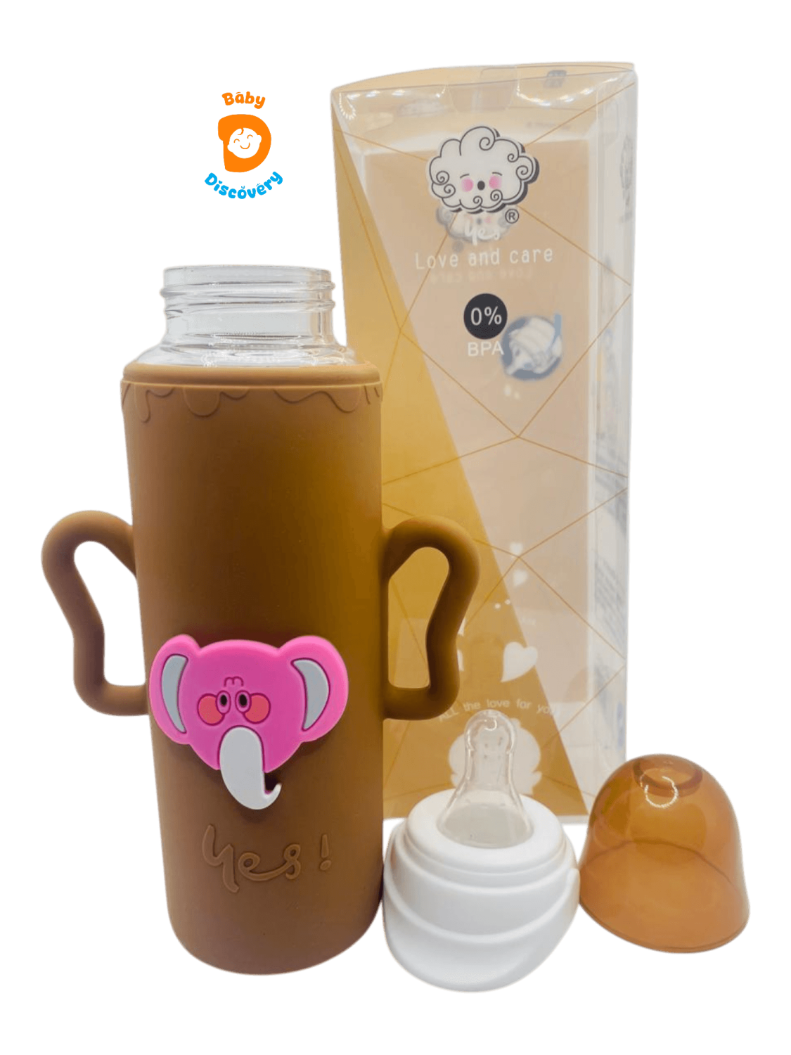 YES Baby Elite Elephant Character Silicone Sleeve 240ml (8oz) Glass Feeder | Baby Discovery