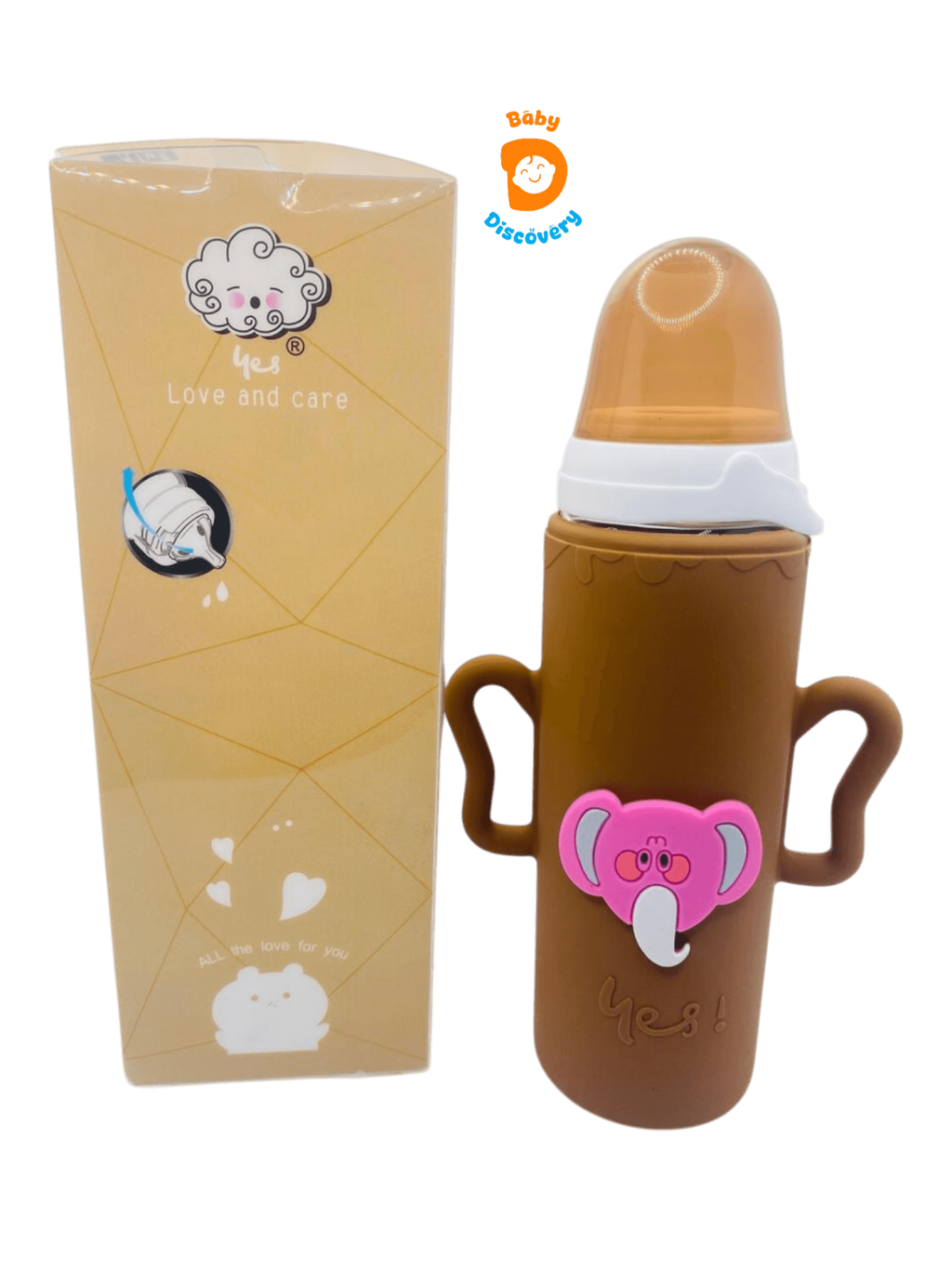 YES Baby Elite Elephant Character Silicone Sleeve 240ml (8oz) Glass Feeder | Baby Discovery