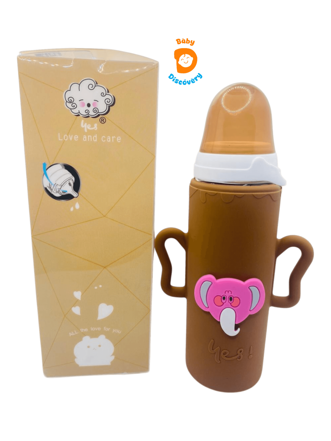 YES Baby Elite Elephant Character Silicone Sleeve 240ml (8oz) Glass Feeder | Baby Discovery