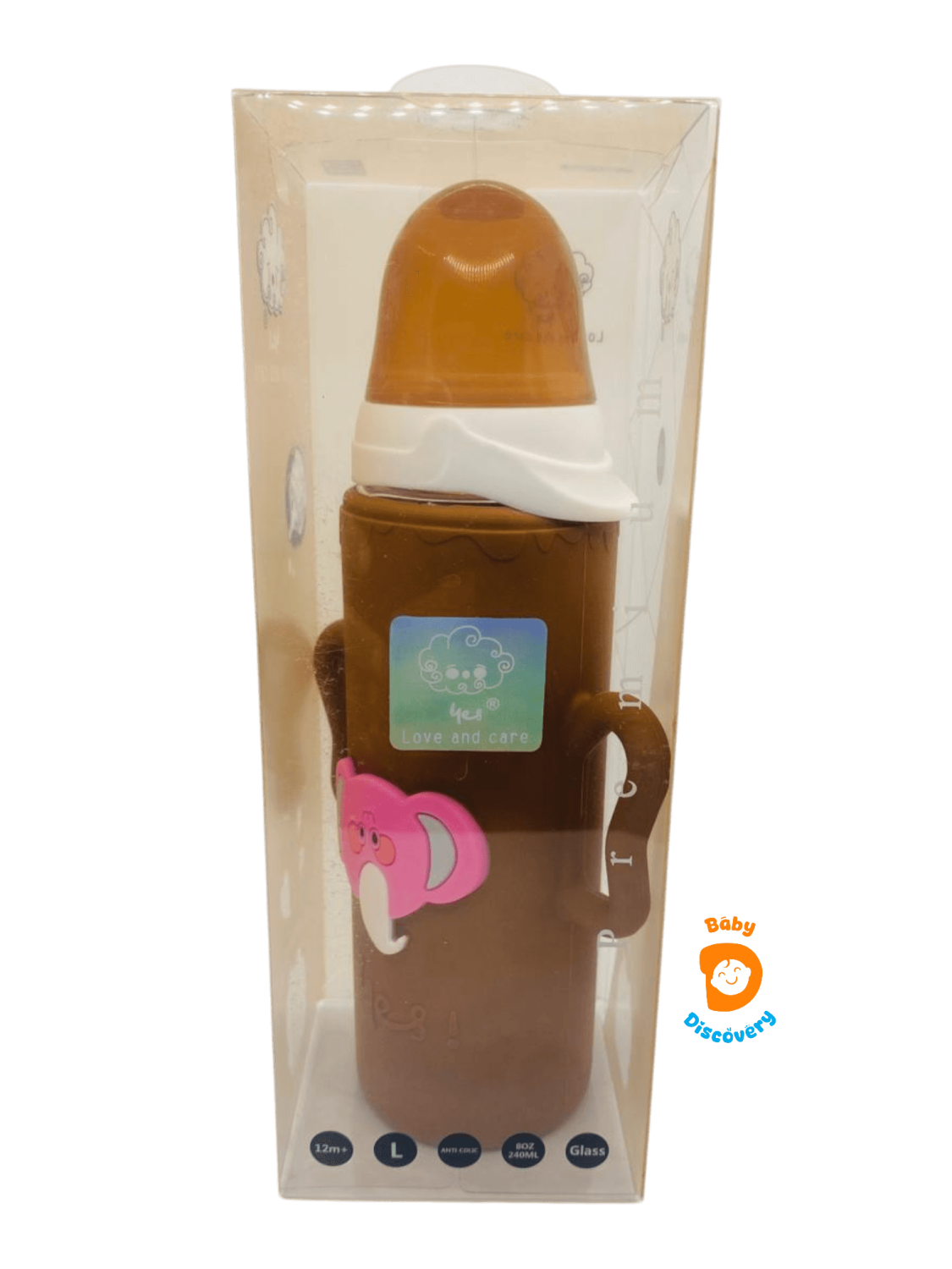 YES Baby Elite Elephant Character Silicone Sleeve 240ml (8oz) Glass Feeder | Baby Discovery