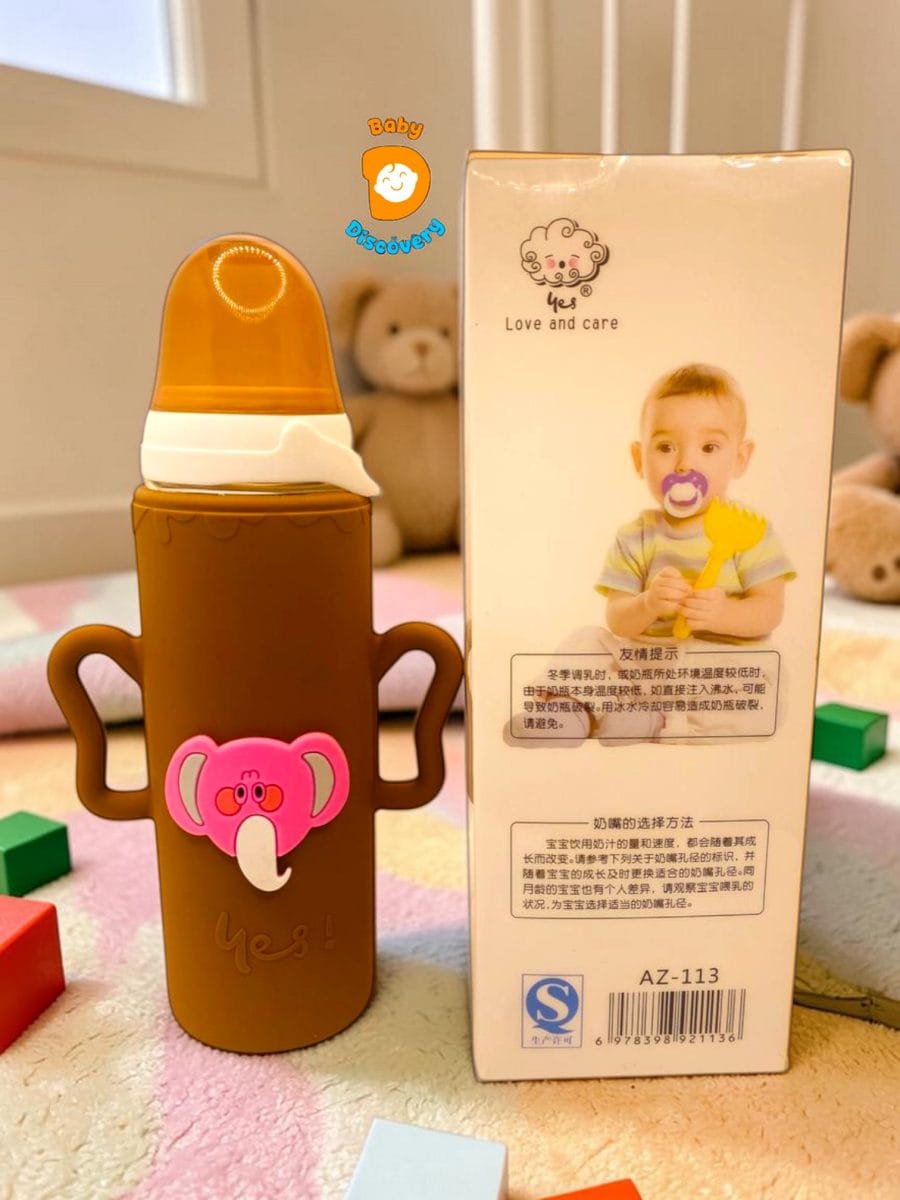 YES Baby Elite Elephant Character Silicone Sleeve 240ml (8oz) Glass Feeder | Baby Discovery