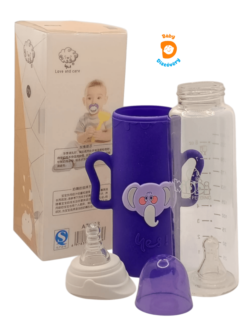 YES Baby Elite Elephant Character Silicone Sleeve 240ml (8oz) Glass Feeder | Baby Discovery