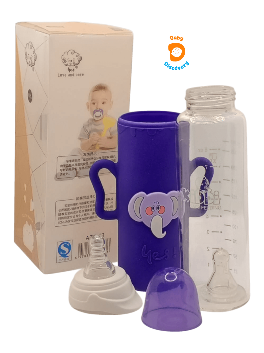 YES Baby Elite Elephant Character Silicone Sleeve 240ml (8oz) Glass Feeder | Baby Discovery