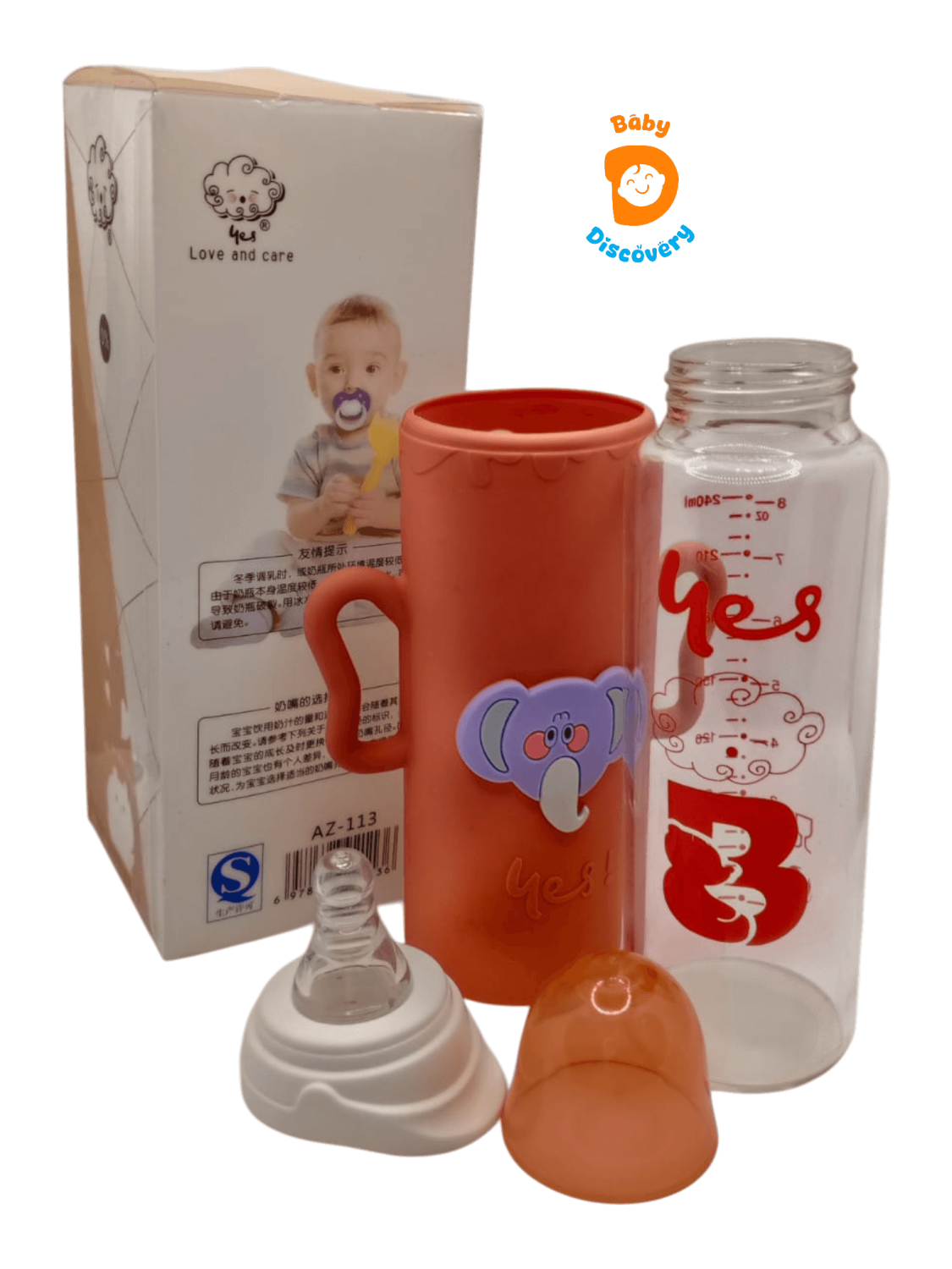 YES Baby Elite Elephant Character Silicone Sleeve 240ml (8oz) Glass Feeder | Baby Discovery