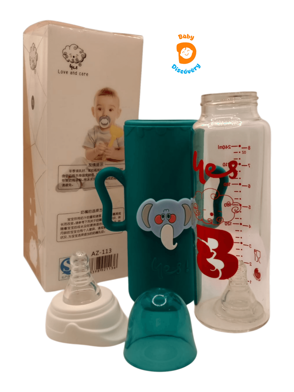 YES Baby Elite Elephant Character Silicone Sleeve 240ml (8oz) Glass Feeder | Baby Discovery