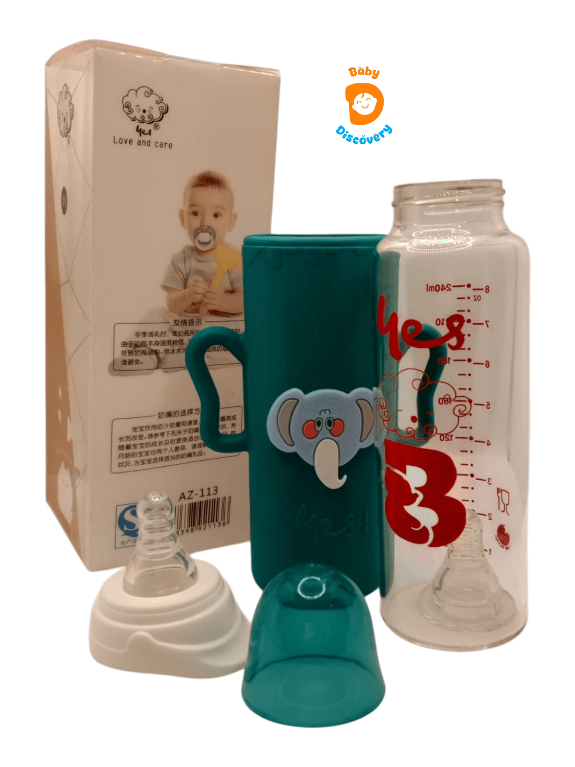 YES Baby Elite Elephant Character Silicone Sleeve 240ml (8oz) Glass Feeder | Baby Discovery