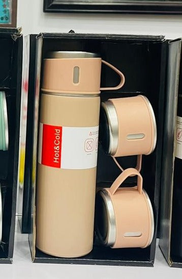 Stainless Steel Bottle – Thermos with 3 Cups | Hot & Cold - Beige