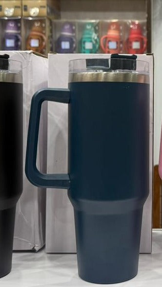 Stainless Steel Insulated Travel Tumbler with Handle & Straw - Large Double-Wall Vacuum Cup | Keeps Drinks Hot & Cold - Navy Blue