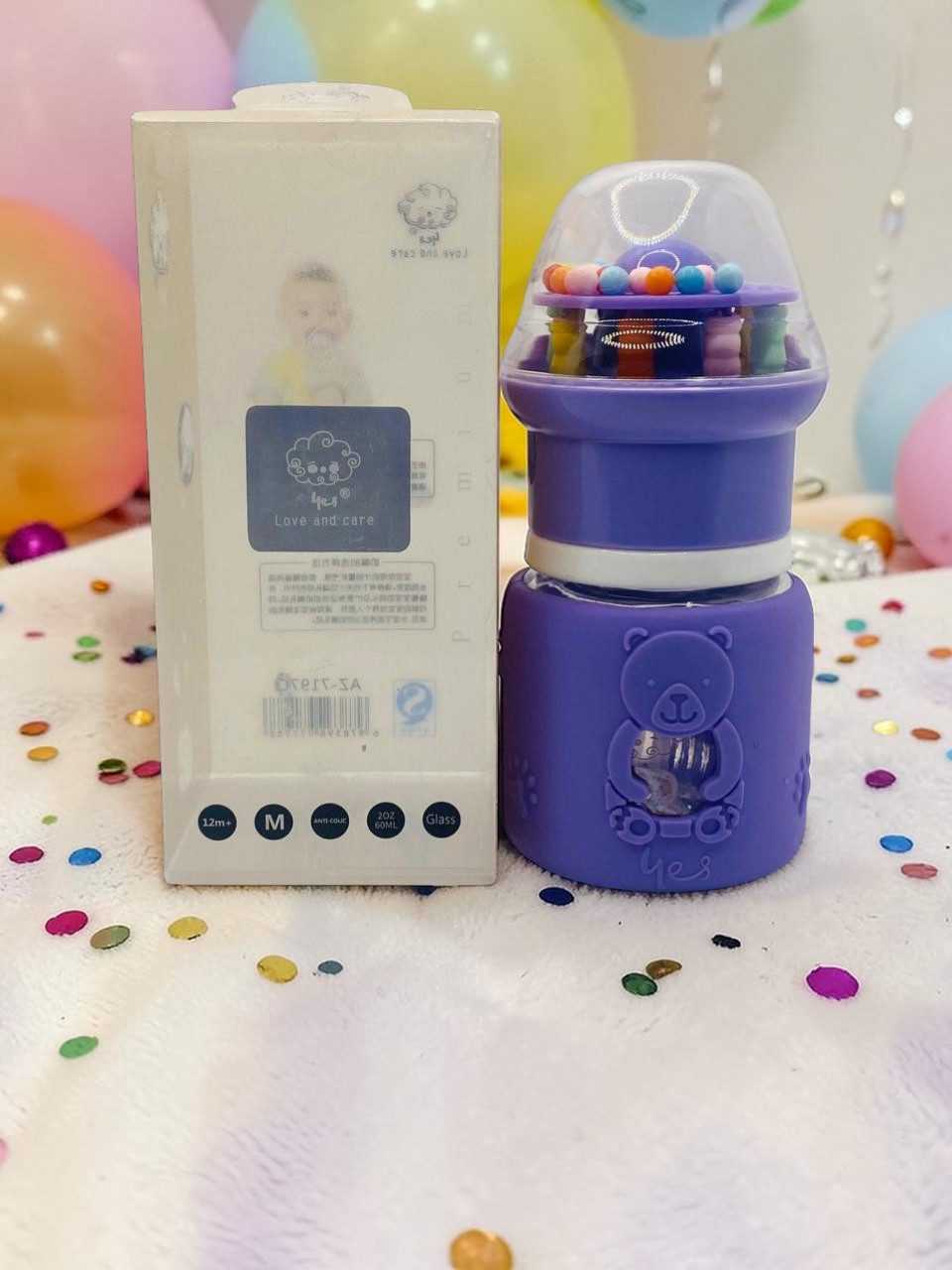 YES Baby Premium Teddy Bear 60ml (2oz) Glass Feeder & Rattle Cup | Baby Discovery