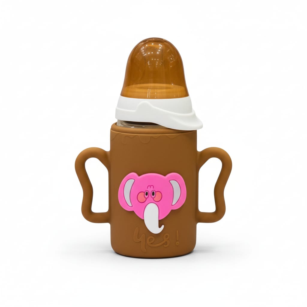 YES Baby Elite Elephant Character Silicone Sleeve 120ml (4oz) Glass Feeder | Baby Discovery