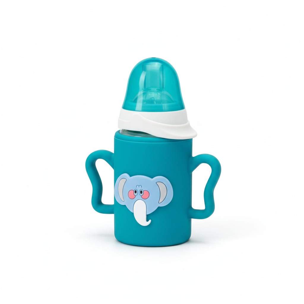 YES Baby Elite Elephant Character Silicone Sleeve 120ml (4oz) Glass Feeder | Baby Discovery