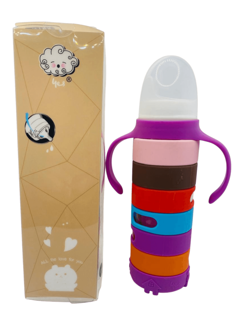 YES Baby Premium Rainbow Silicone Sleeve 240ml (8oz) Glass Feeder | Baby Discovery