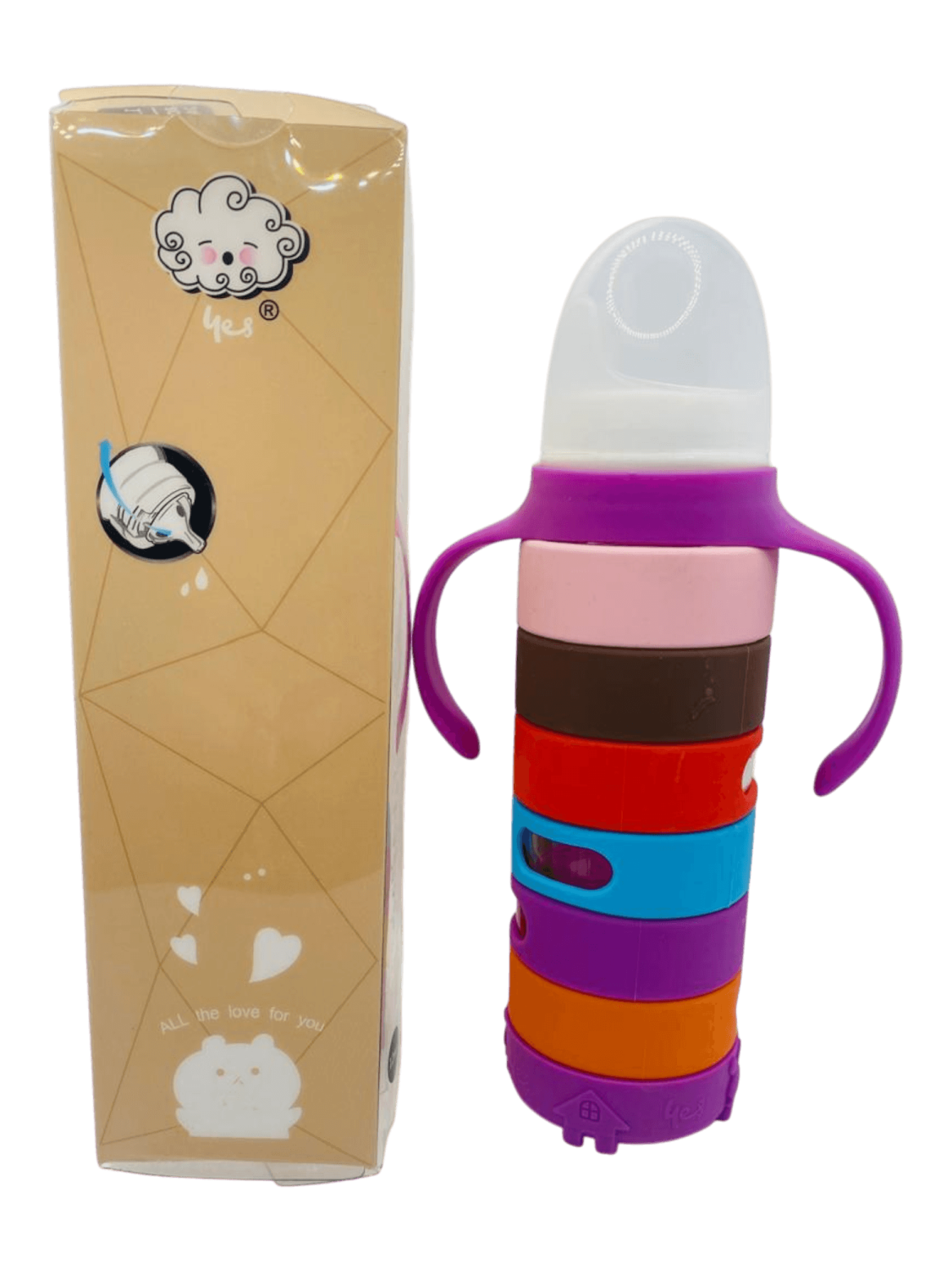 YES Baby Premium Rainbow Silicone Sleeve 240ml (8oz) Glass Feeder | Baby Discovery
