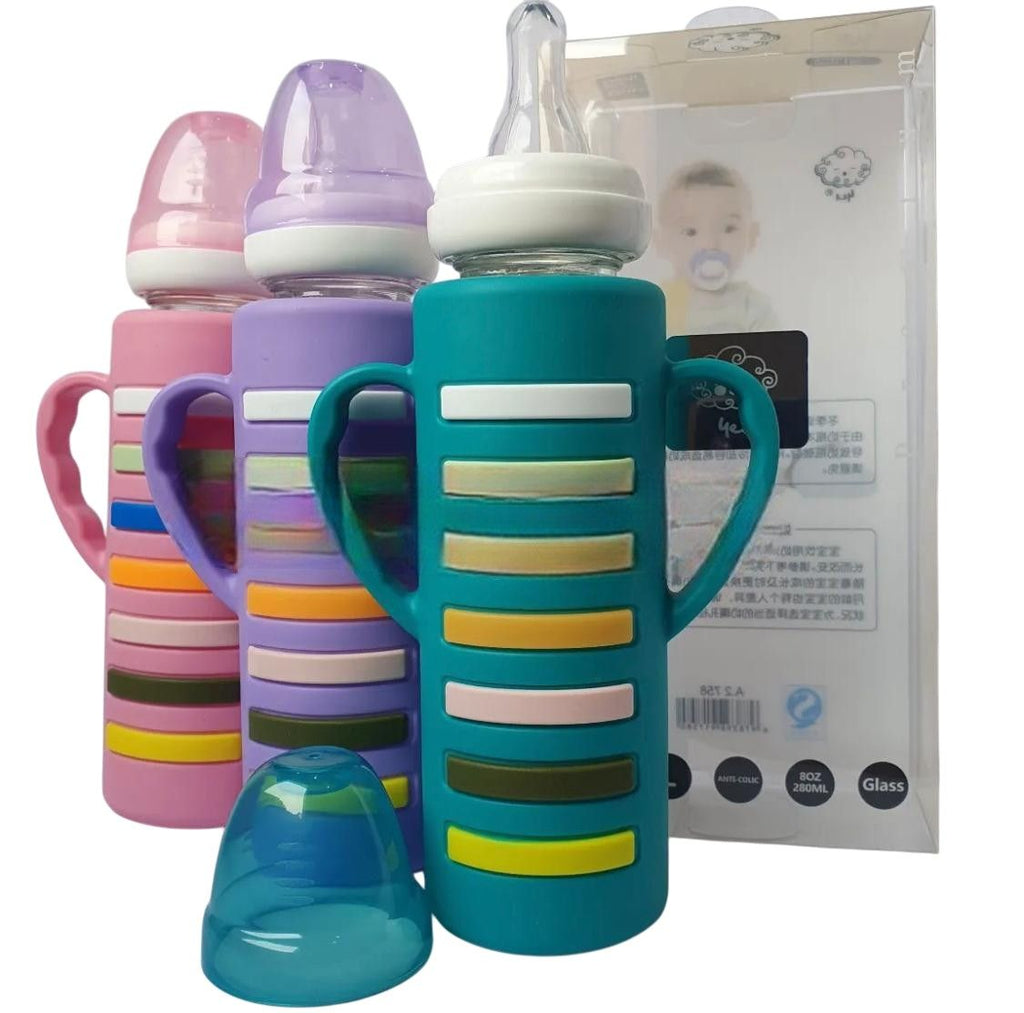 YES Baby Rainbow Stripe 240ml (8oz) Glass Feeder | Baby Discovery