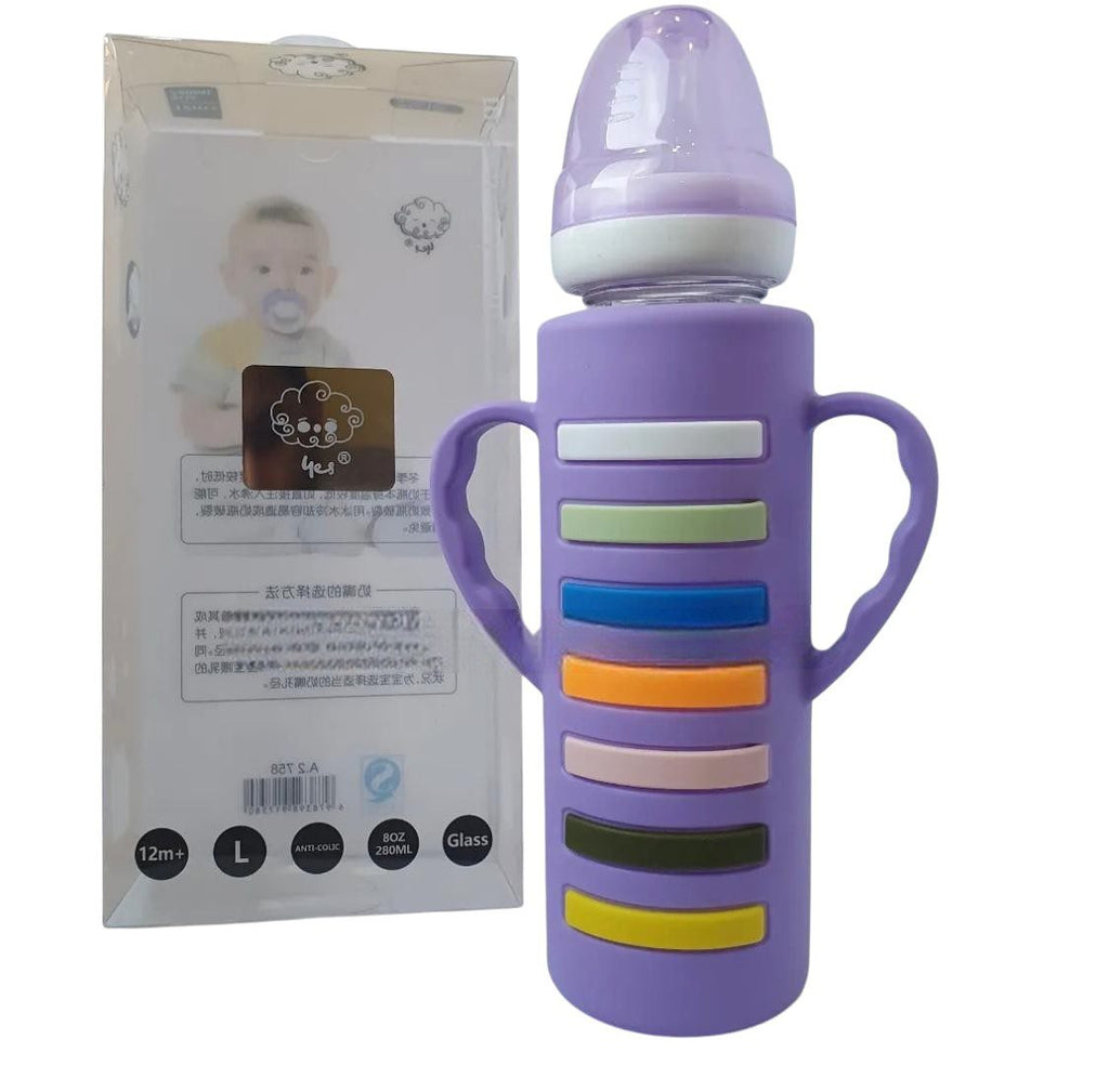 YES Baby Rainbow Stripe 240ml (8oz) Glass Feeder | Baby Discovery